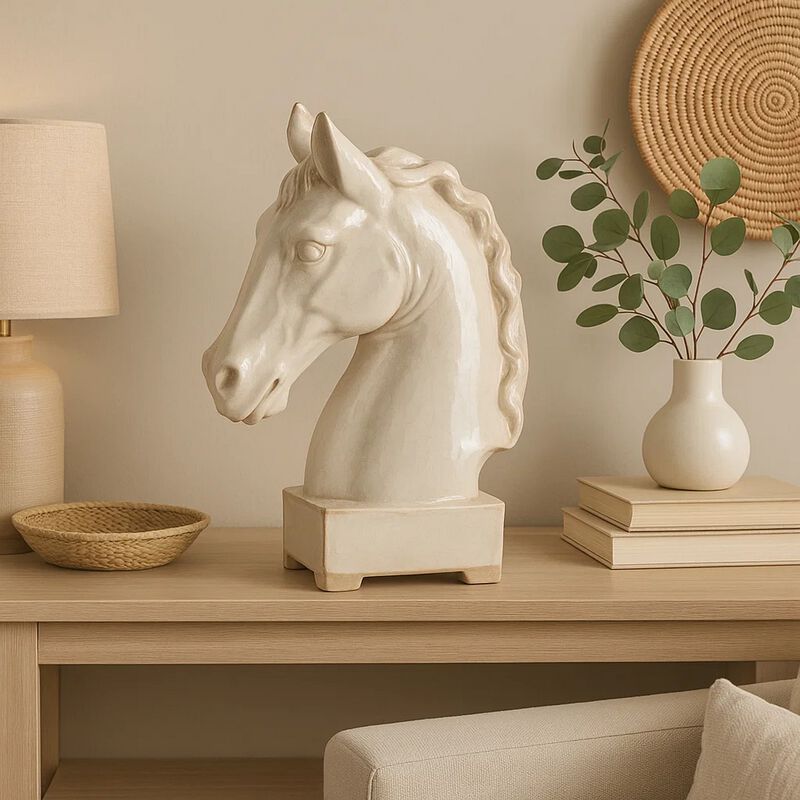 Transitional Style Ceramic Horse Head Decor Piece, Large, Beige image number 5