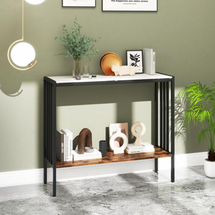 Hivvago Console Table 2-Tier Industrial Foyer Table with Sintered Stone Tabletop
