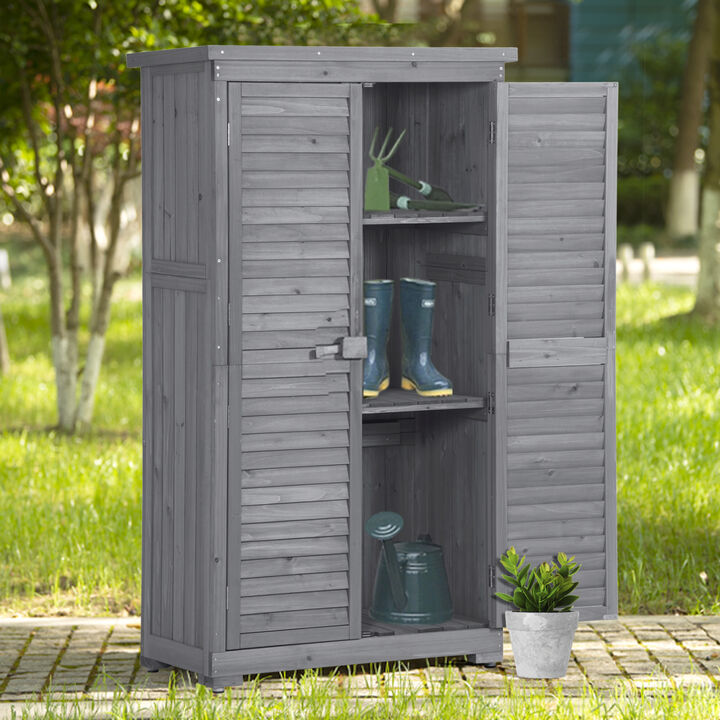 Wooden Garden Shed 3tier Patio Storage Cabinet Outdoor Organizer Wooden Lockers with Fir Wood (Gray Wood Color Shutter Design)