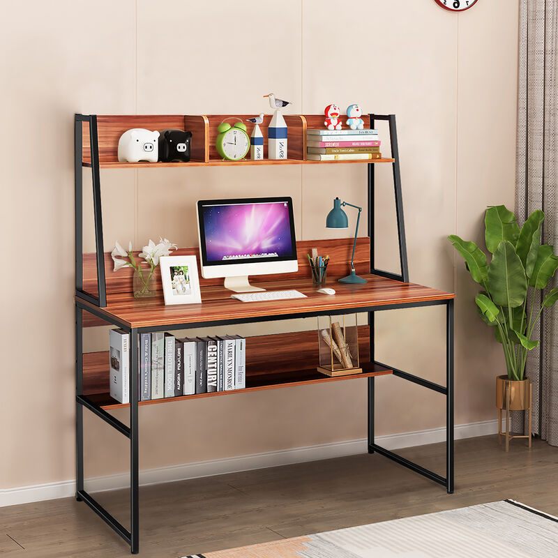 Costway 47'' Computer Desk w/ 3 Storage Cubes & Open Bookcase Home Office Natural