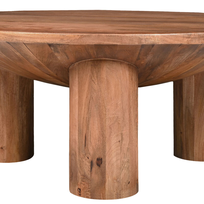 Meridian Coffee Table, 38 Inch Round Top, 3 Column Pillar Legs, Natural Brown Mango Wood image number 3