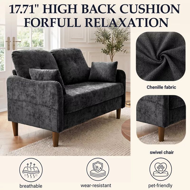 Vipbear 47" Chenille Loveseat Sofa, 2-Seater Small Couch with Deep Spring Seat, High Back Cushion image number 3