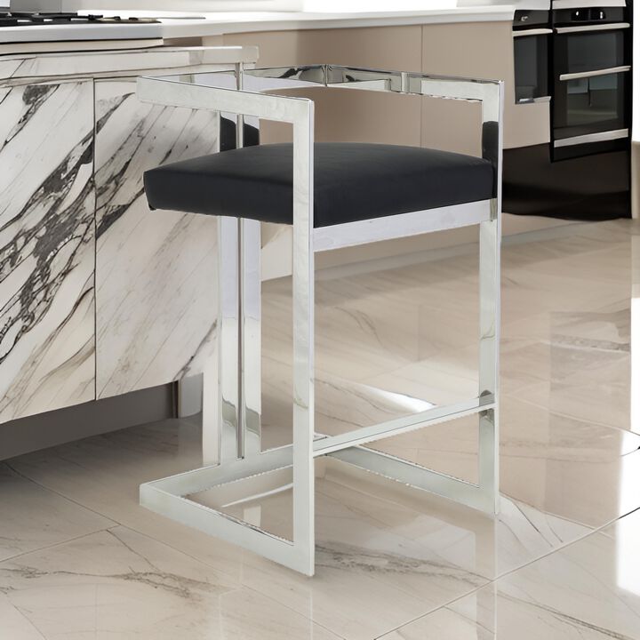 Suki 30 Inch Barstool Chair, Black Faux Leather, Silver Stainless Steel