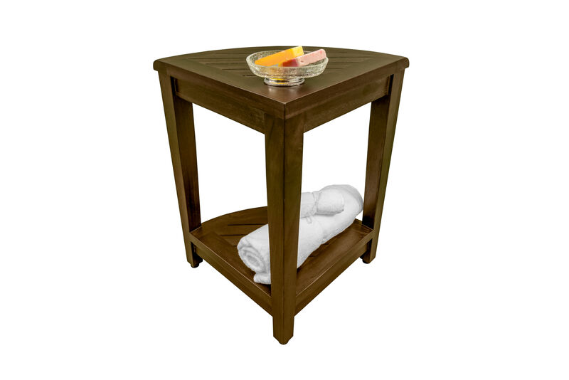 DecoTeak SnazzyCorner 18" Teak Wood Wide Corner Shower Bench with Shelf in Woodland Brown Finish