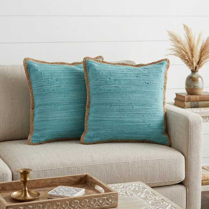 HomeRoots Set of Two 20" Turquoise Cotton And Jute Throw Pillows with Texture
