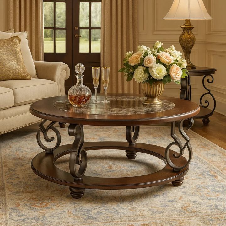 Falu Coffee Table, 42 Inch Round Faux Marble Top, Classic Scrolled, Brown