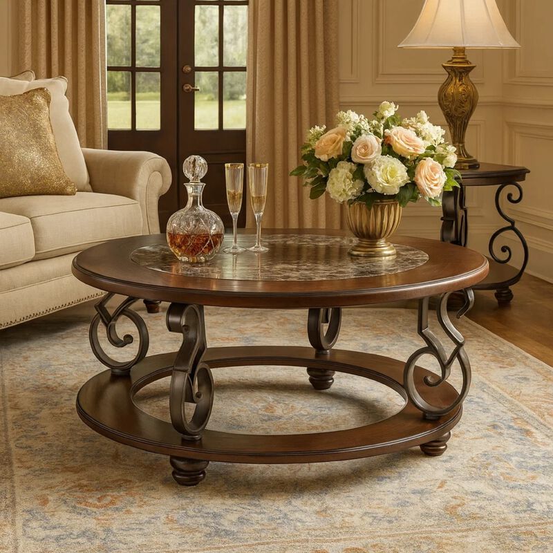 Falu Coffee Table, 42 Inch Round Faux Marble Top, Classic Scrolled, Brown image number 1