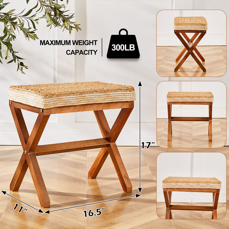Natural Seagrass Footstool Rectangular Ottoman with Wooden X-Legs For Home Decor