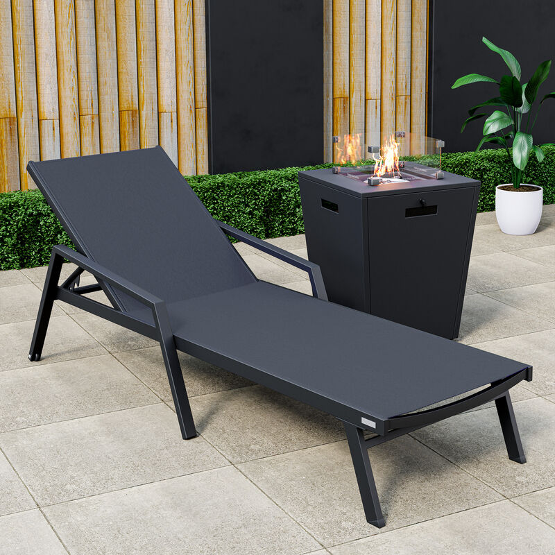LeisureMod Marlin Black Aluminum Patio Chaise Lounge Chair with Arms & White Fire Pit Table