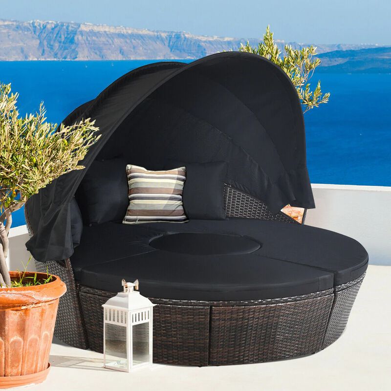 Mondawe Patio Round Rattan Daybed with Retractable Canopy and Height Adjustable Coffee Table