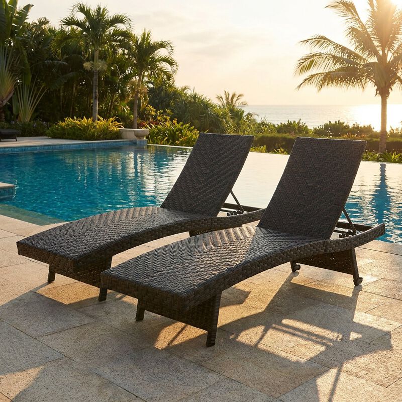 Set of 2 Folding Rattan Chaise Lounge with Adjustable Backrest image number 3