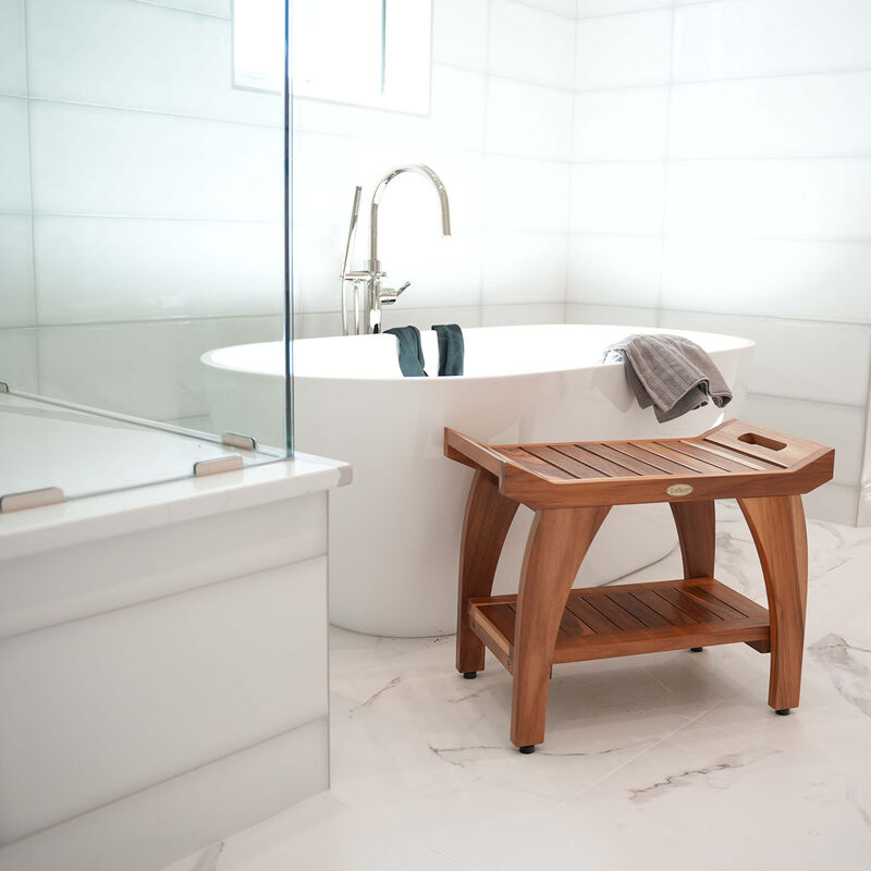 EcoDecors 24 Inch Tranquility Natural Color Waterproof Teak Wood Shower Bench