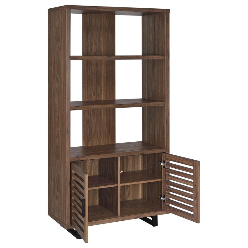 Doxx Bookcase, Slatted Cabinet, Black Open Frame Legs, Walnut Brown - Benzara