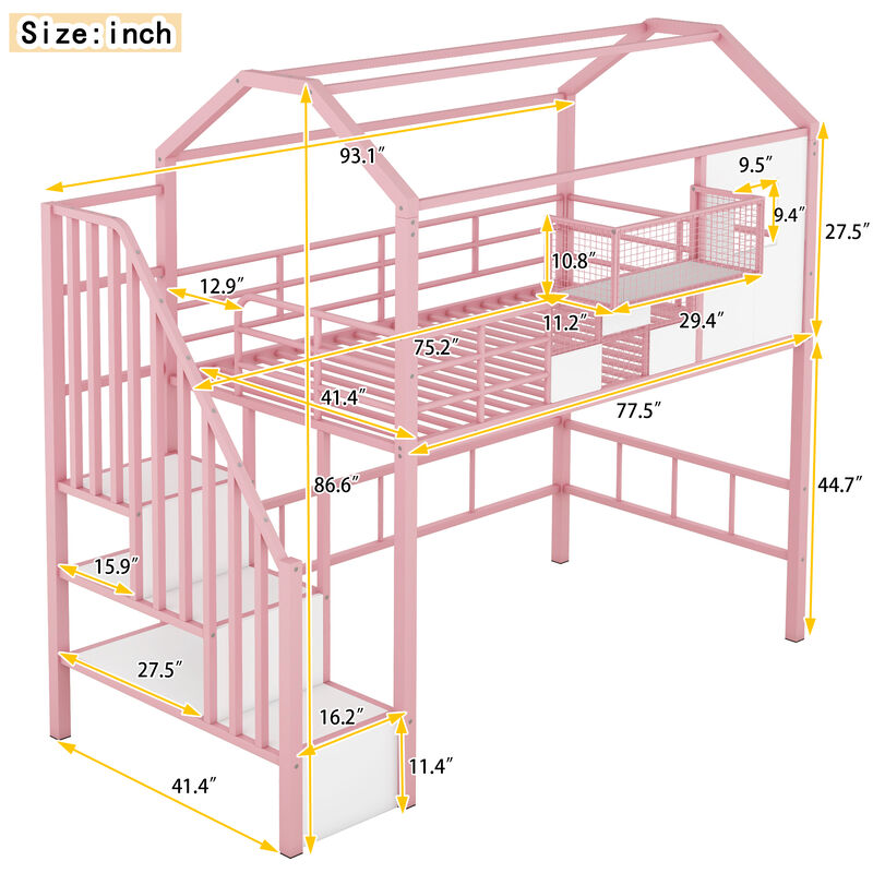 Whisen Metal Loft Bed with roof design and a storage box- Pink