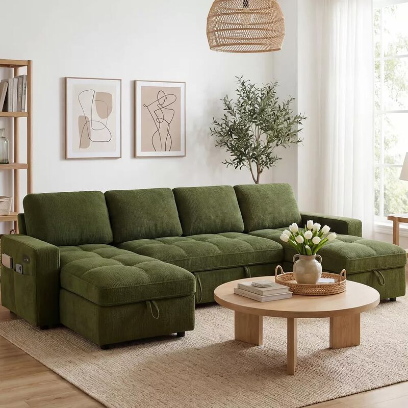105" U-Shaped Sleeper Sofa Bed, Chenille Pull Out Couch with Reversible Storage Chaise, 5-Position image number 5