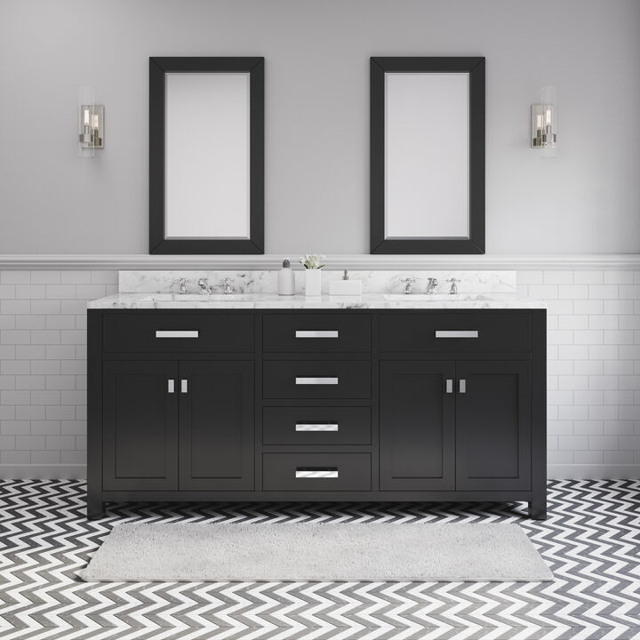Madison 72 In. Double Sink Carrara White Marble Countertop Bath Vanity in Espresso