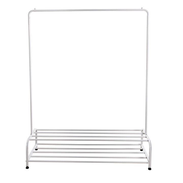 Clothing Garment Rack with Shelves, Metal Cloth Hanger Rack Stand Clothes Drying Rack for Hanging Clothes, with Top Rod Organizer Shirt Towel Rack and Lower Storage Shelf for Boxes Shoes Boots, White