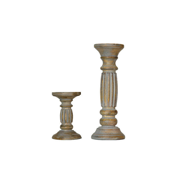 Traditional Gray Wash Eco-friendly Handmade Mango Wood Set Of Two 6" & 12" Pillar Candle Holder