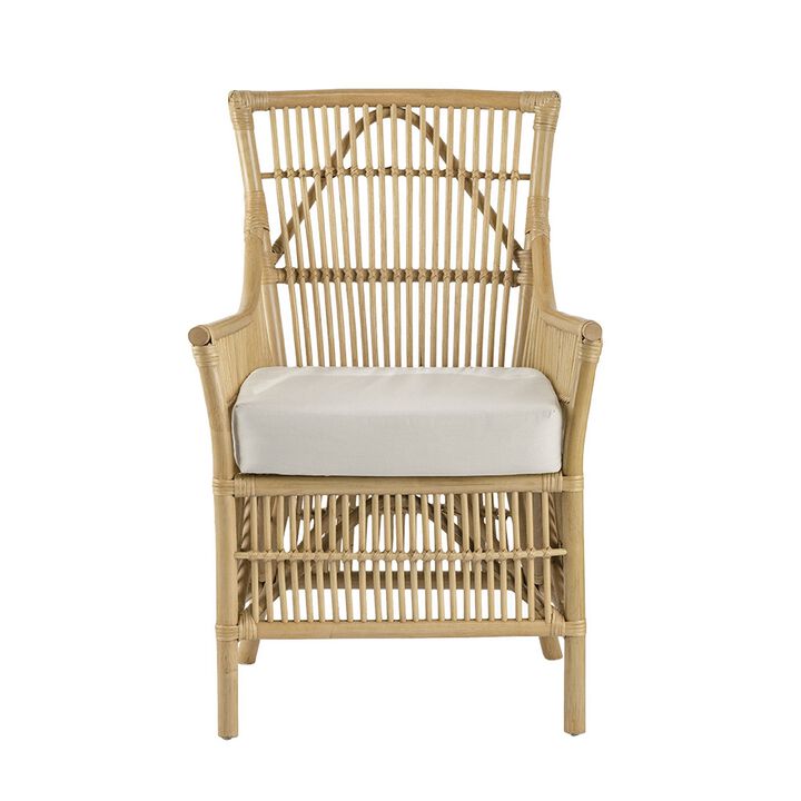 23 Inch Rattan Dining Armchair, White Fabric Padded Seat, Natural Brown - Benzara