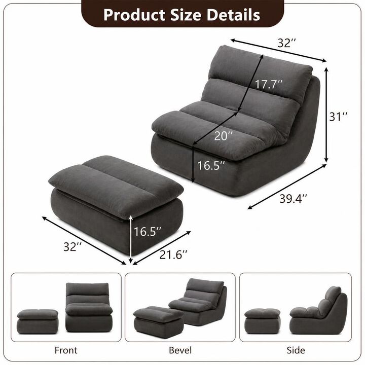 GOODSILO Tufted Upholstered Large Chaise Lounge Bean Bag Chair With Matching Ottoman Comfortable Lazy Sofa For Living Room Bedroom Reading Napping