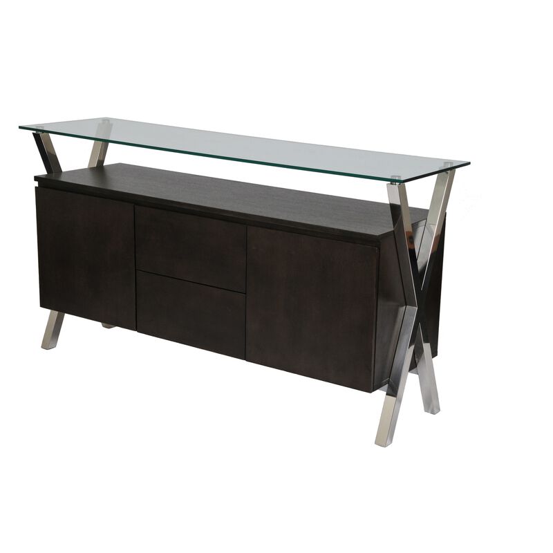 Tia Sideboard Buffet Console, 2 Doors, Chrome and Glass, Brown 63 Inch - Benzara
