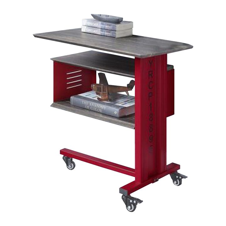 Accent Table with Metal Cargo Style and 3 Caster Wheels, Red-Benzara