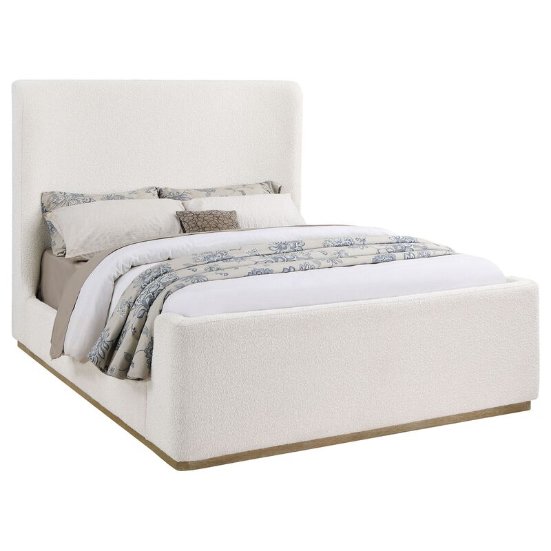 Ale King Size Platform Bed, Round Wingback Headboard, Ivory Upholstery - Benzara