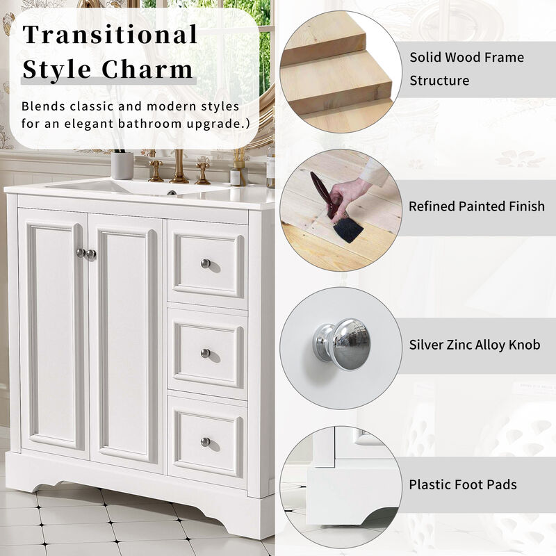 TATEUS 36-Inch Transitional Bathroom Vanity Ceramic Sink image number 5