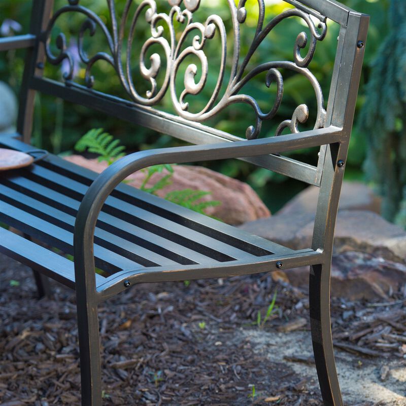 Hivvago Curved Metal Garden Bench with Heart Pattern in Black Antique Bronze Finish