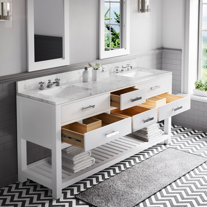 Madalyn 72 In. Double Sink Carrara White Marble Countertop Bath Vanity in Pure White