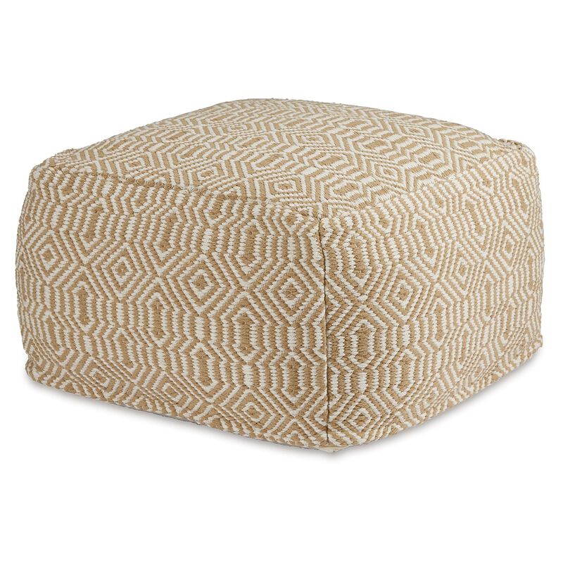Sena 22 Inch Ottoman Pouf, Handwoven Pattern, Cotton Cover, Beige White - Benzara