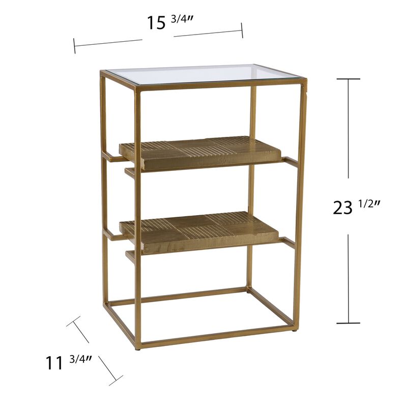 Homezia 24" Brass Glass And Iron Rectangular End Table With Two Shelves