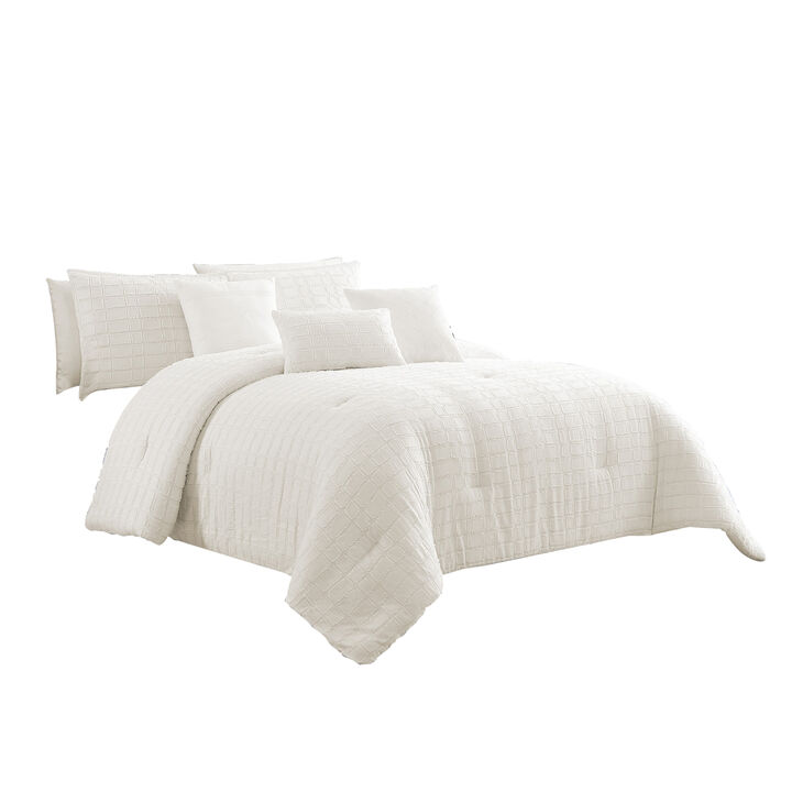 7 Piece Cotton Queen Comforter Set with Fringe Details, White-Benzara