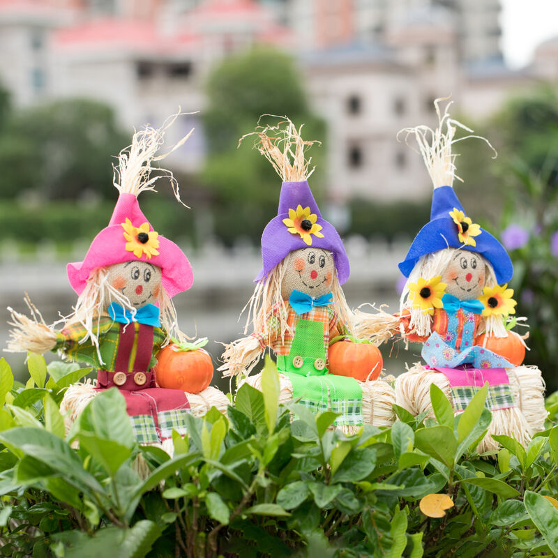 Gardenised 12 Inch Sitting on Straw and Hay Bales Multicolor Trio Scarecrows for Halloween, Fall and All Time Season Garden Decor, Scatter them Around or Gather them Together for a Mesmerizing Display
