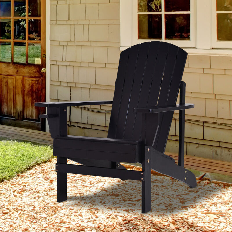 Outsunny Wooden Adirondack Chair, Outdoor Patio Lawn Chair with Cup Holder, Weather Resistant Lawn Furniture, Classic Lounge for Deck, Garden, Backyard, Fire Pit, Black