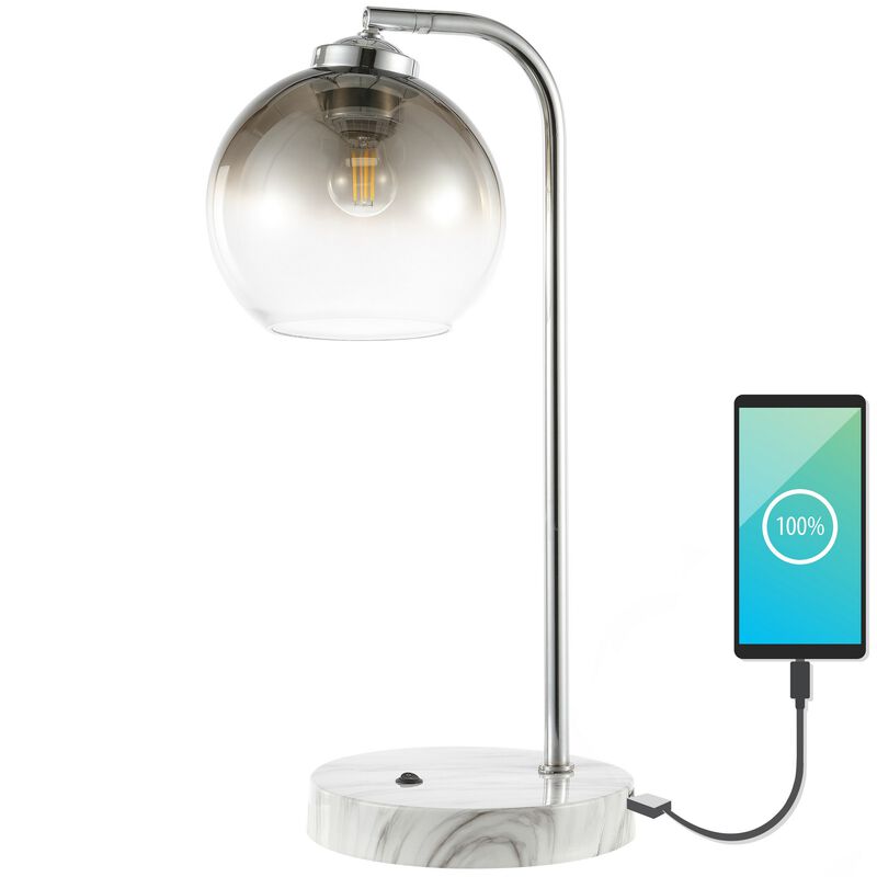 Ada 20" Industrial Contemporary Iron/Glass LED Task Lamp with USB Charging Port, Chrome/Smoke Gray