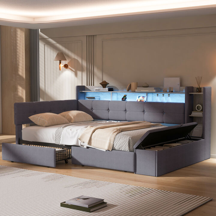 Merax Upholstery Daybed with Storage Footstool and Shelves,with Two Drawers