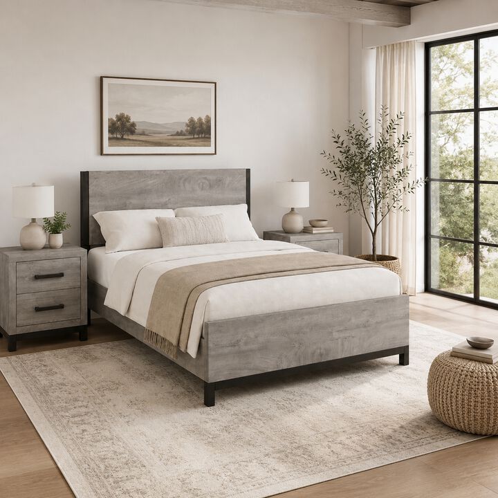 Queen Bedroom Set, Gray Wood, 3 Piece Set with 2 Nightstands