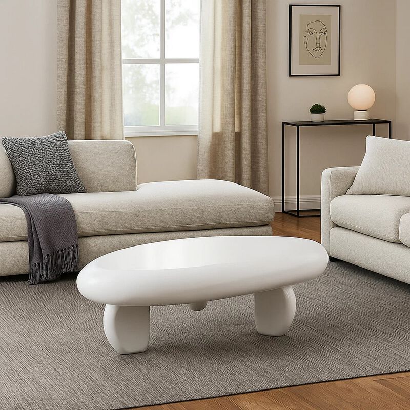 Vayu Coffee Table, 30 Inch Asymmetric Pebble Design, High Gloss White image number 1
