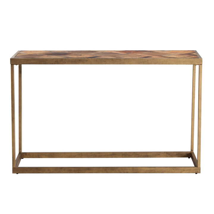 HomeRoots 48" Natural and Brass Solid Wood and Iron Frame Console Table