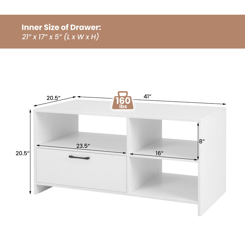 Modern Media Console Table with 3 Open Compartments and 1 Storage Drawer-White