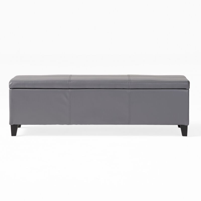 Elias Storage Ottoman Bench, Gray Faux Leather, Stitch Detail, 51 Inch - Benzara