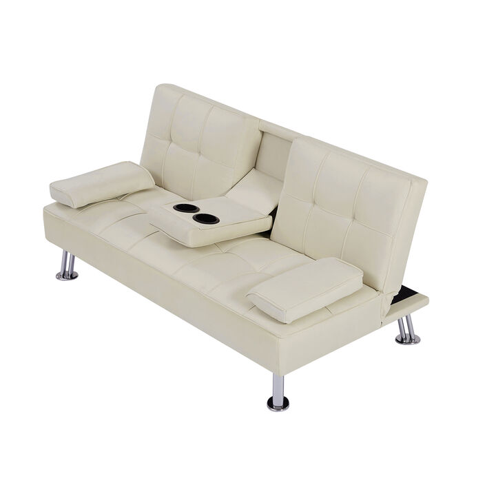 BEIGE Love Seat Sofa Bed with Cup Holder