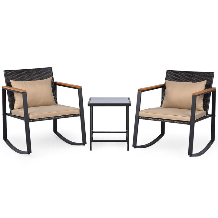 Outdoor Bistro Furniture Set with Rocking Chairs and Tempered Glass Table