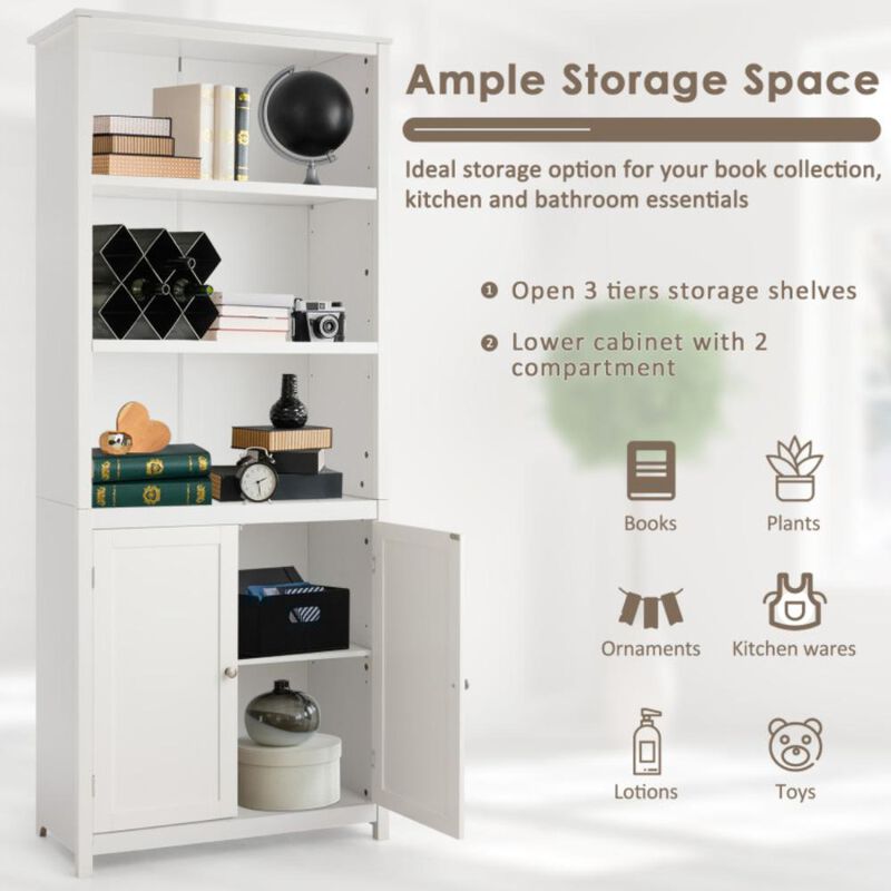 Hivvago Standing Wooden Bookcase with  3 Tier Open Book Shelving and Double Doors