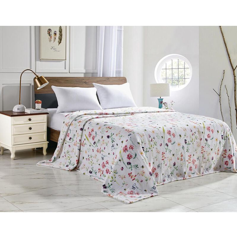 Plazatex Luxurious Ultra Soft Lightweight Bloom Printed Bed Blanket White/Floral 102" x 90"