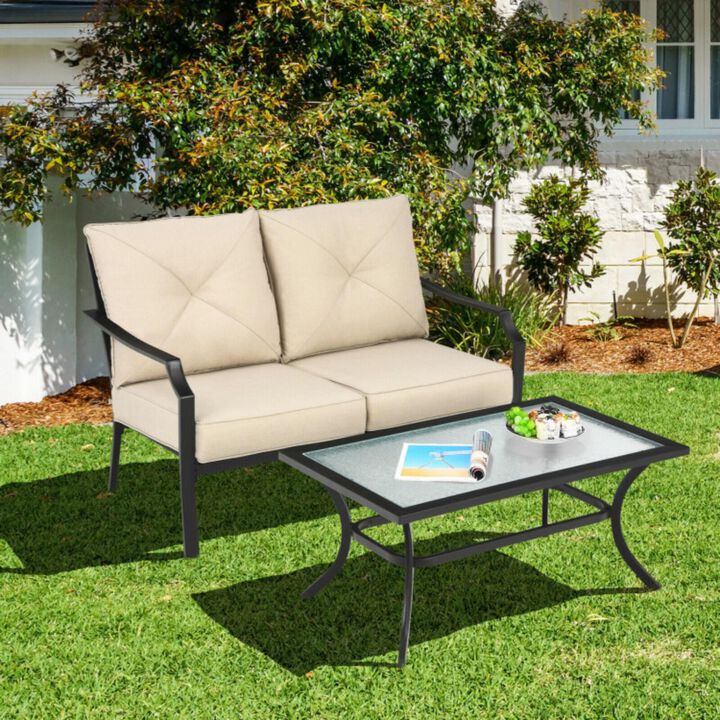 Hivvago 2 Pieces Patio Outdoor Cushioned  Sofa Bench with Coffee Table