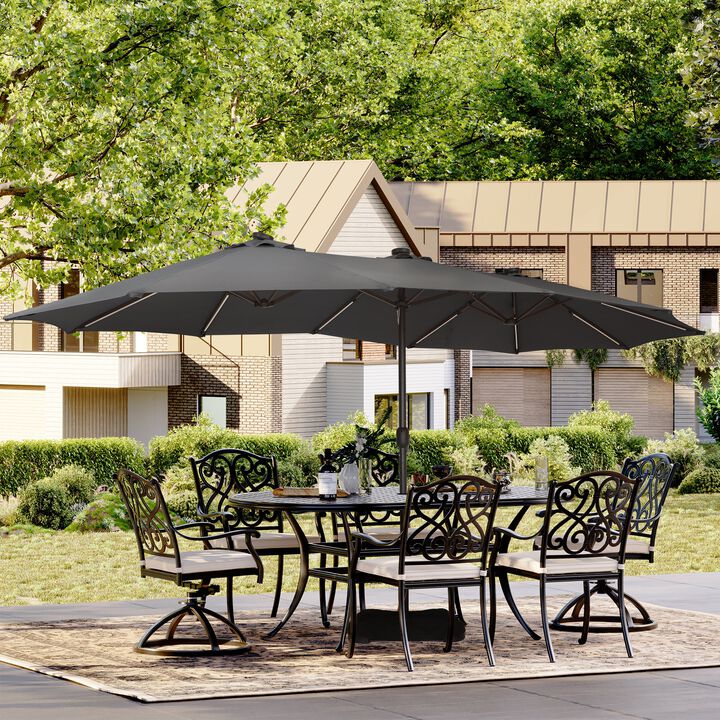 15 FT Double-Head Patio Umbrella with Base Included Large Outdoor Umbrella with Solar Detachable Lights Rectangular Crank Market Umbrella, Red