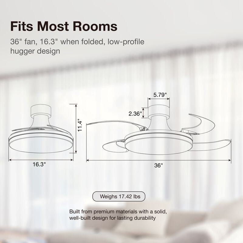 Fanaway Orbit 36" Indoor/Outdoor Retractable Blade Ceiling Fan with Light and Remote, Modern Fandelier Ceiling Fan, Patented Design Technology, Stronger Thicker Blades, Damp Rated image number 9