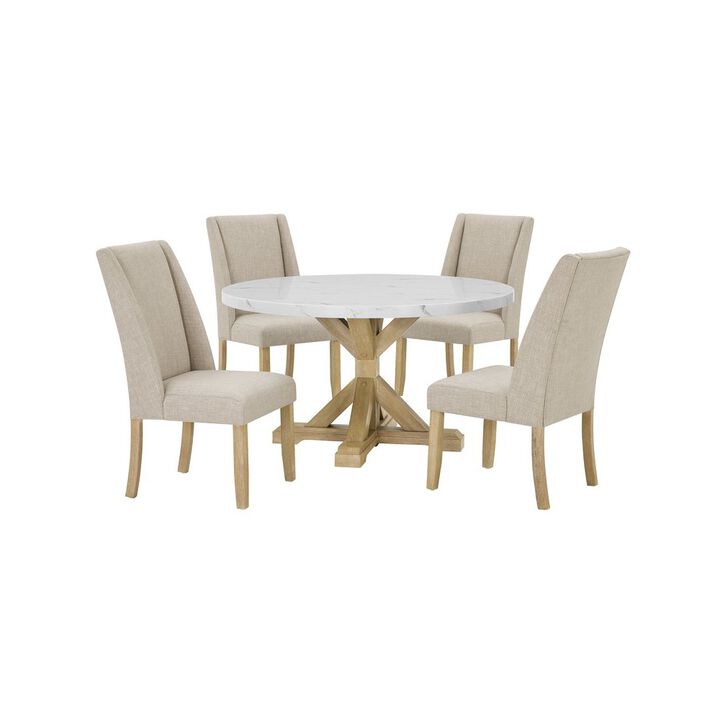 Best Quality Furniture 5Pc Faux Marble Table With 4 Rustic Beige Fabric Side Chairs